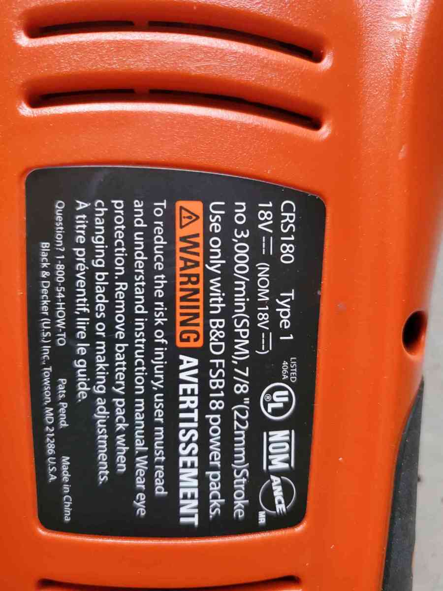 18V Reciprocating Saw  No Battery Or Charger  Black  Decker - Rock Island, Tennessee - FleaMarketBay