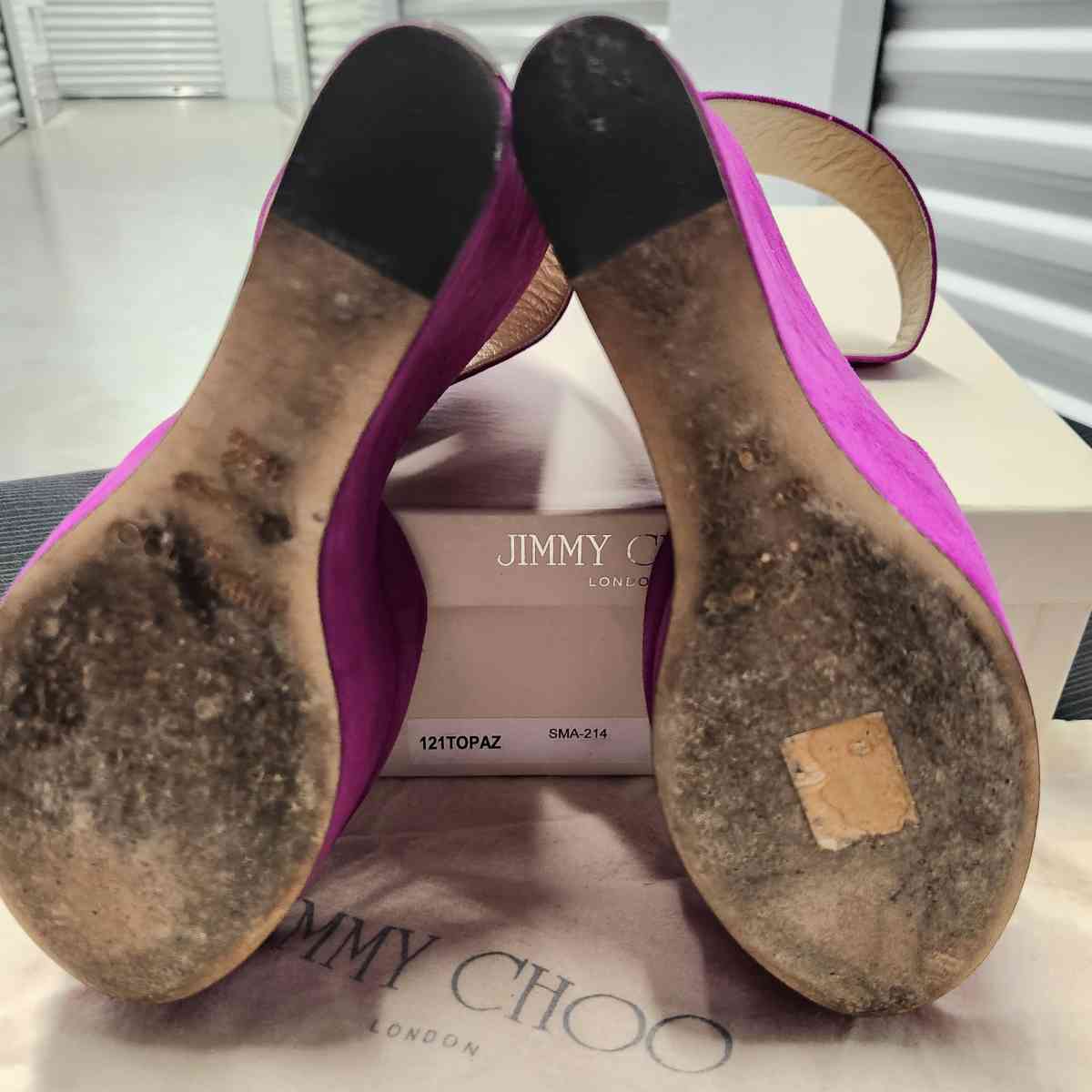 Jimmy CHOO Preloved Fushia Suede Metallic Leather TOPAZ 5in - Kenner, Louisiana - FleaMarketBay