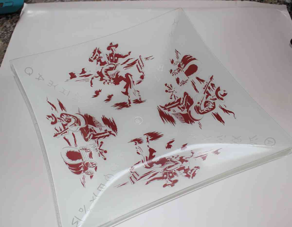 Vintage Hand Painted Glass Cowboy with covered wagon ceiling - Fort Worth, Texas - FleaMarketBay