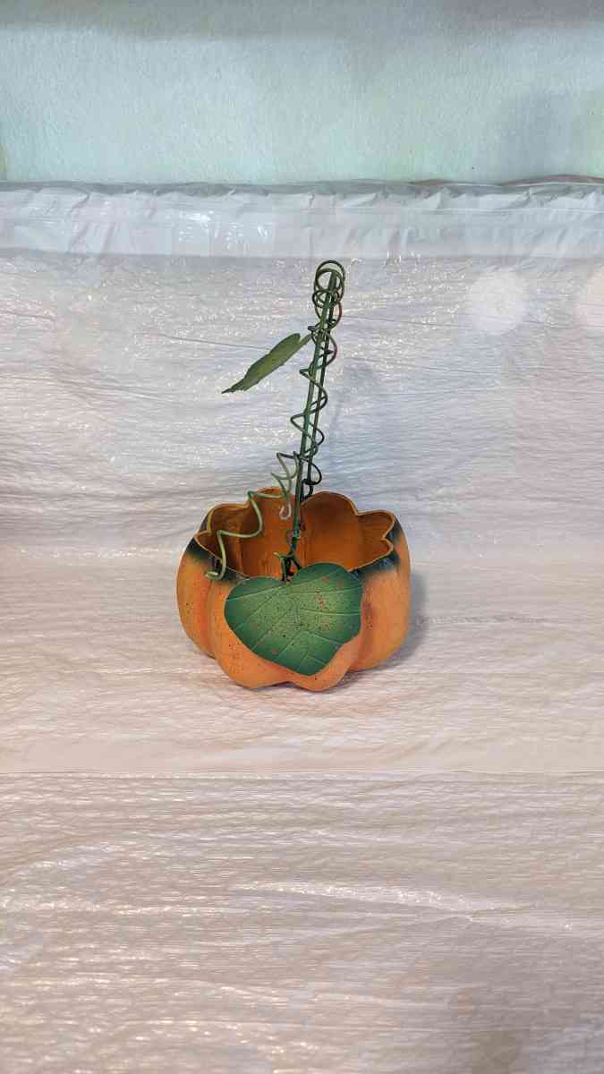 Orange And Green Paper Mache Pumpkin Basket with a Green Met - Phoenix, Arizona - FleaMarketBay