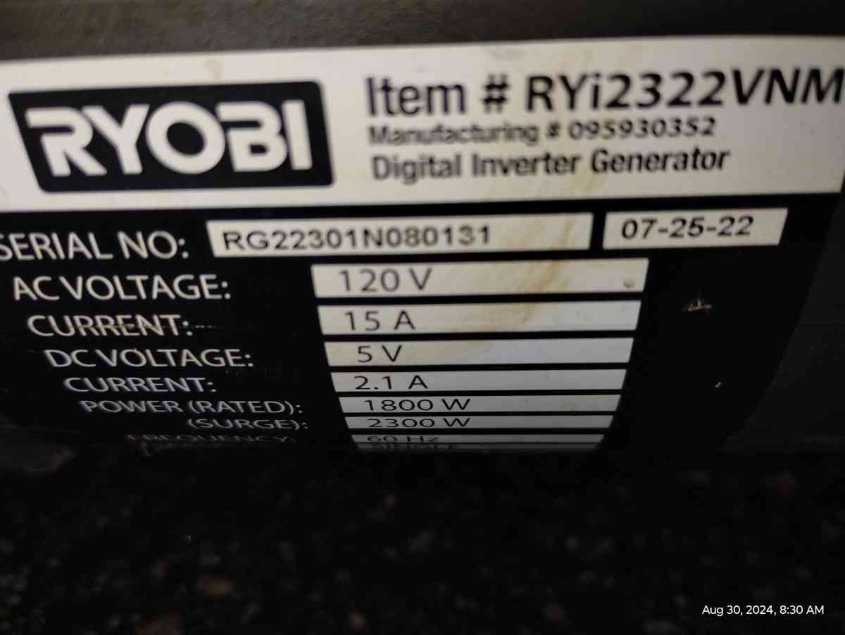 Ryobi 1800 running Watt 2300 starting Watts - Kansas City, Missouri