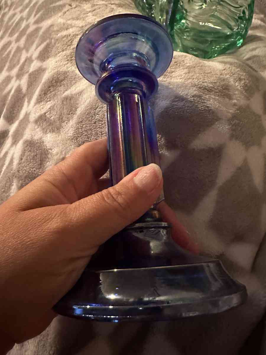 blue iridescent glass candle holders - Scott Depot, West Virginia - FleaMarketBay