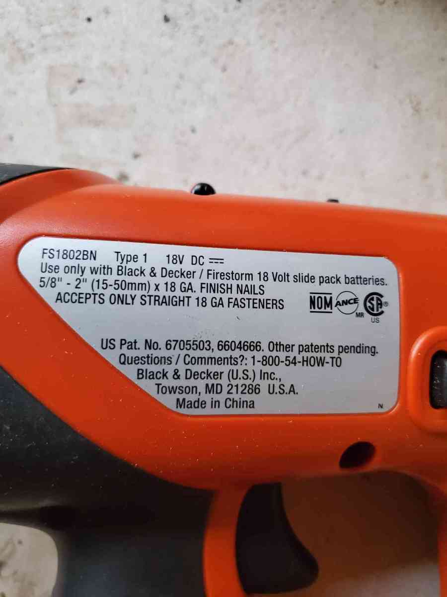 18V  18Gauge Brad Nailer No Battery Or Charger  Black  Deck - Rock Island, Tennessee - FleaMarketBay