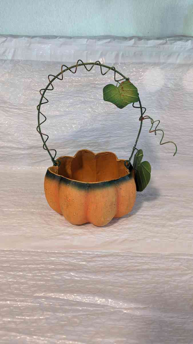 Orange And Green Paper Mache Pumpkin Basket with a Green Met - Phoenix, Arizona