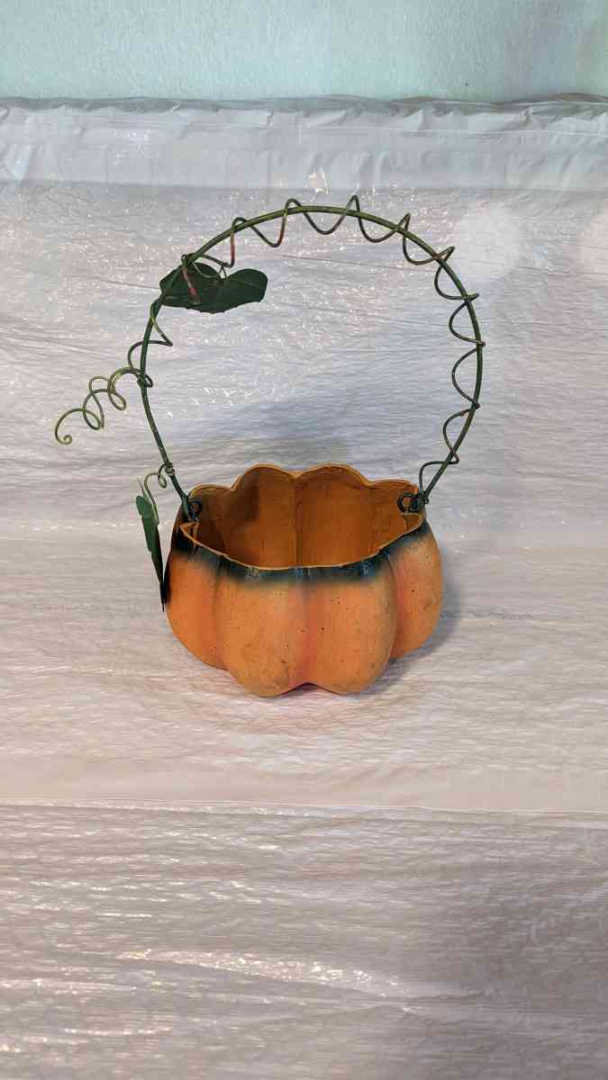 Orange And Green Paper Mache Pumpkin Basket with a Green Met - Phoenix, Arizona - FleaMarketBay