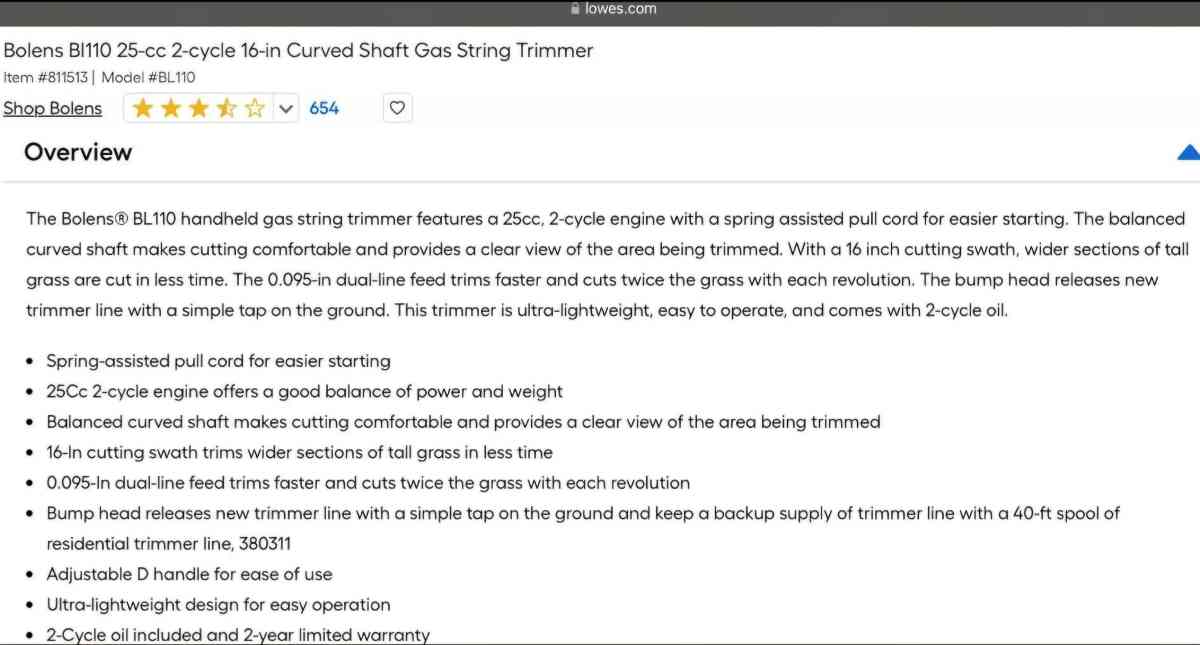 Bolens BL110 Weed Trimmer - Homosassa, Florida - FleaMarketBay