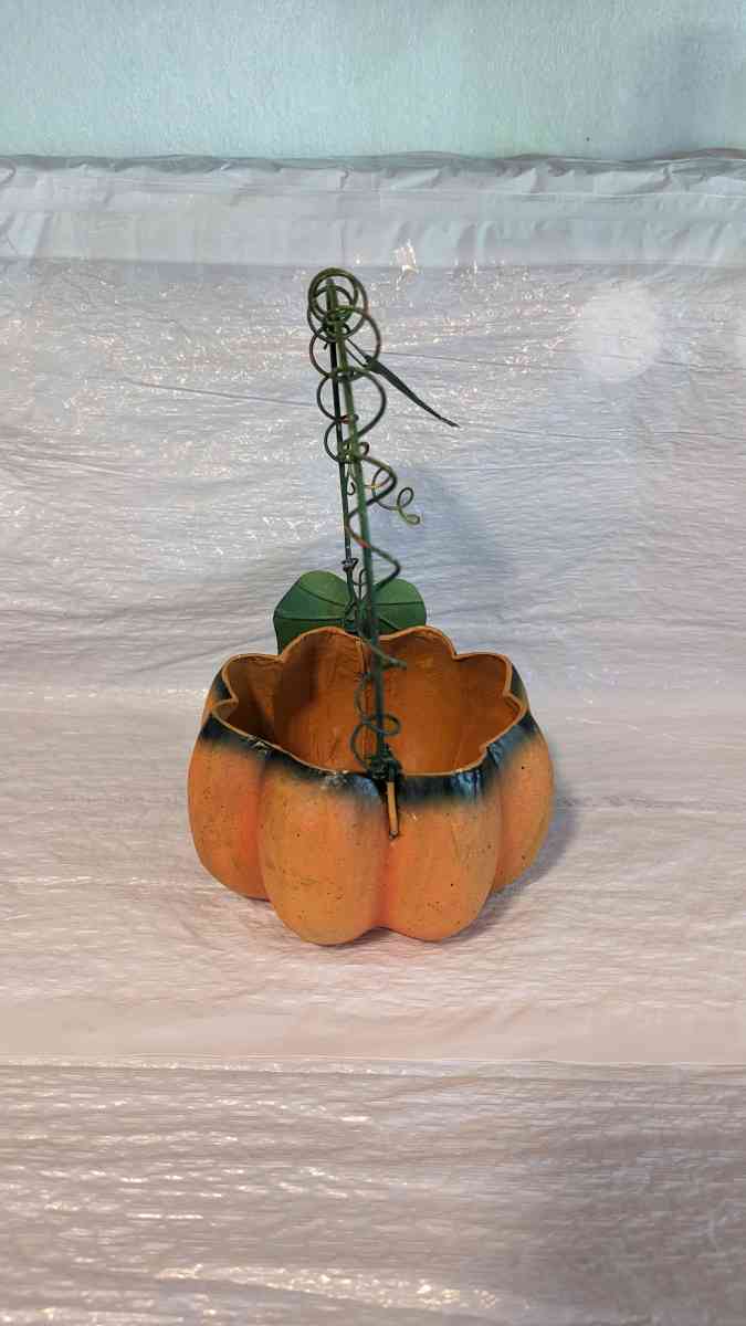 Orange And Green Paper Mache Pumpkin Basket with a Green Met - Phoenix, Arizona - FleaMarketBay