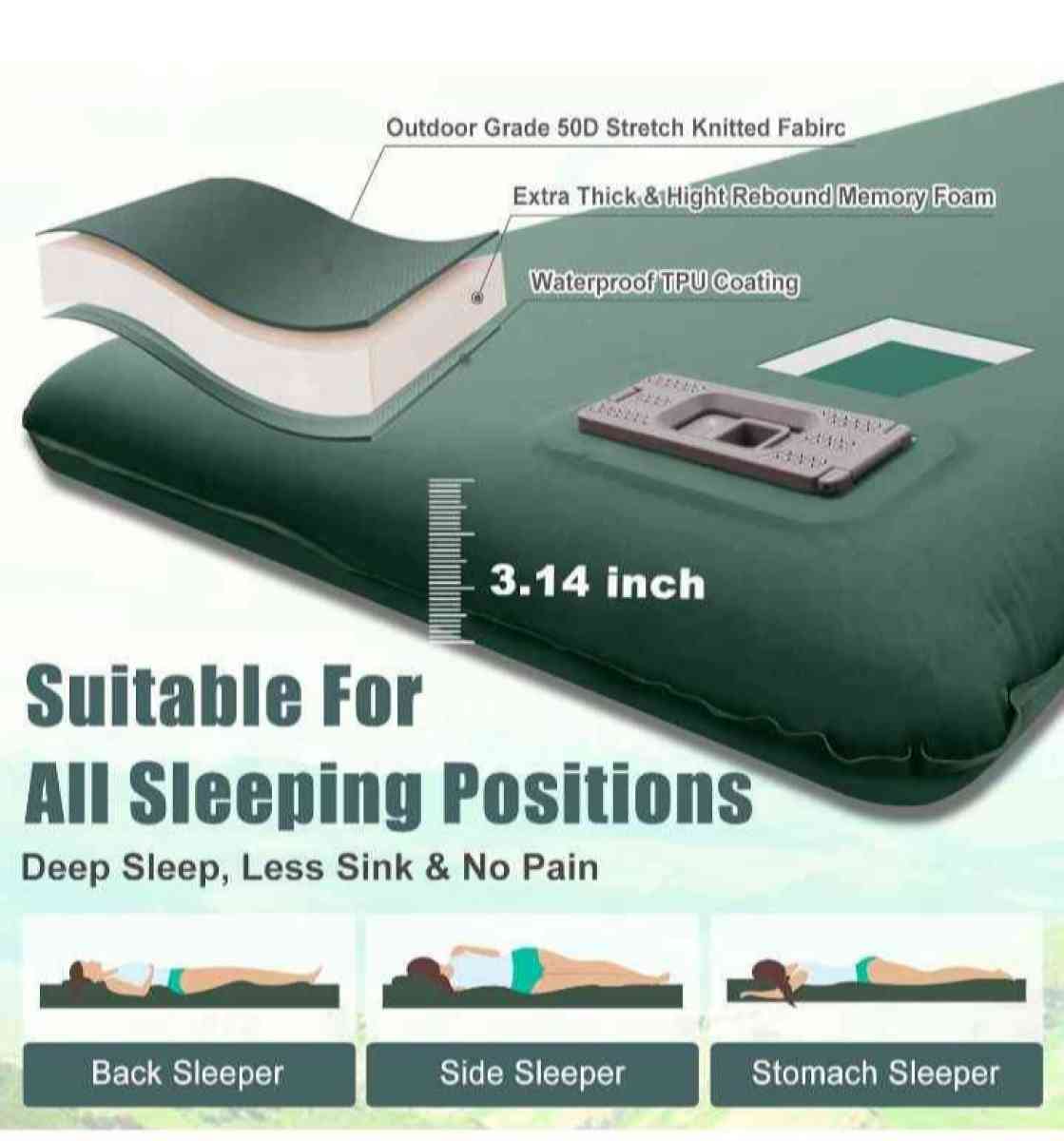 Green Self Inflating Sleeping Pad with Electric Pump - Jeffersonville, Indiana - FleaMarketBay