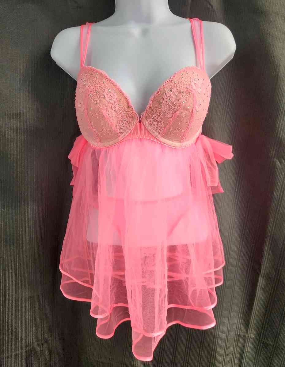 Victorias Secret Neon Pink Embellished Bust Babydoll