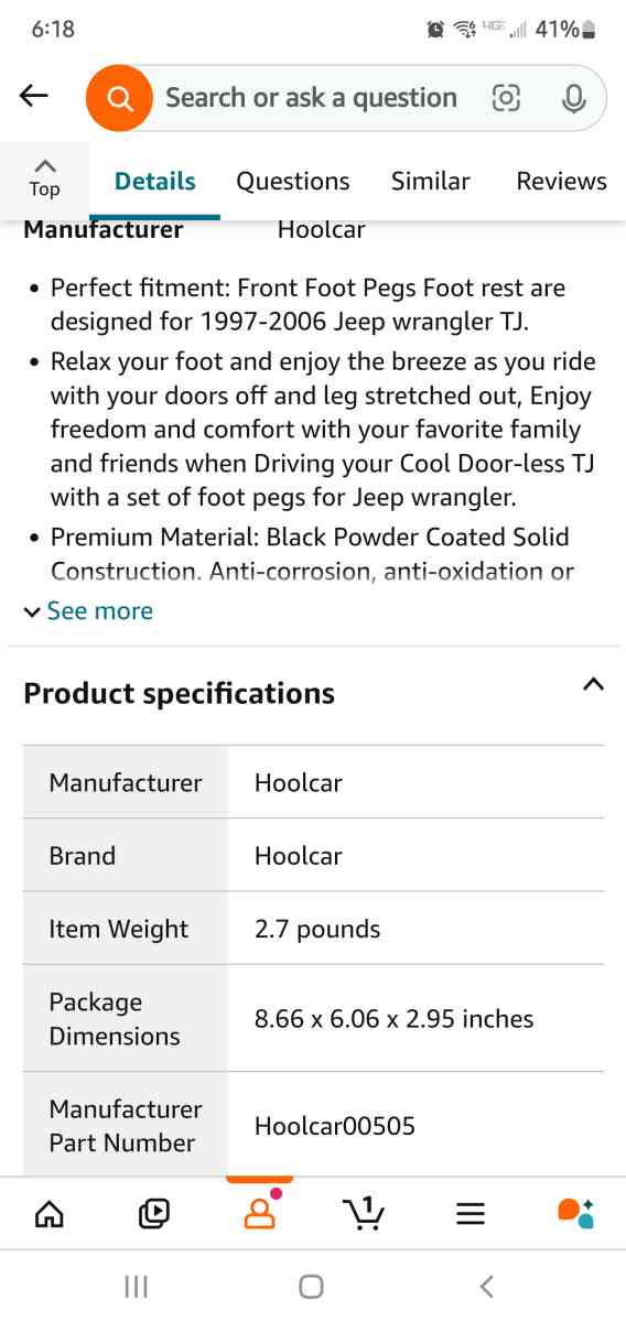 Jeep Front Foot Pegs  Rests For 9706 TJ  RRR Auto - Rock Island, Tennessee - FleaMarketBay