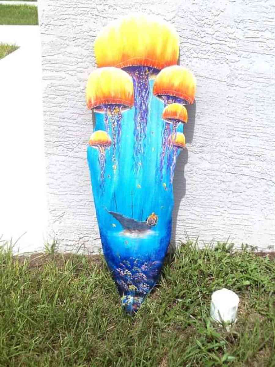 Jellyfish octopus on shipwreck hand painted palm frond - Fort Pierce, Florida - FleaMarketBay