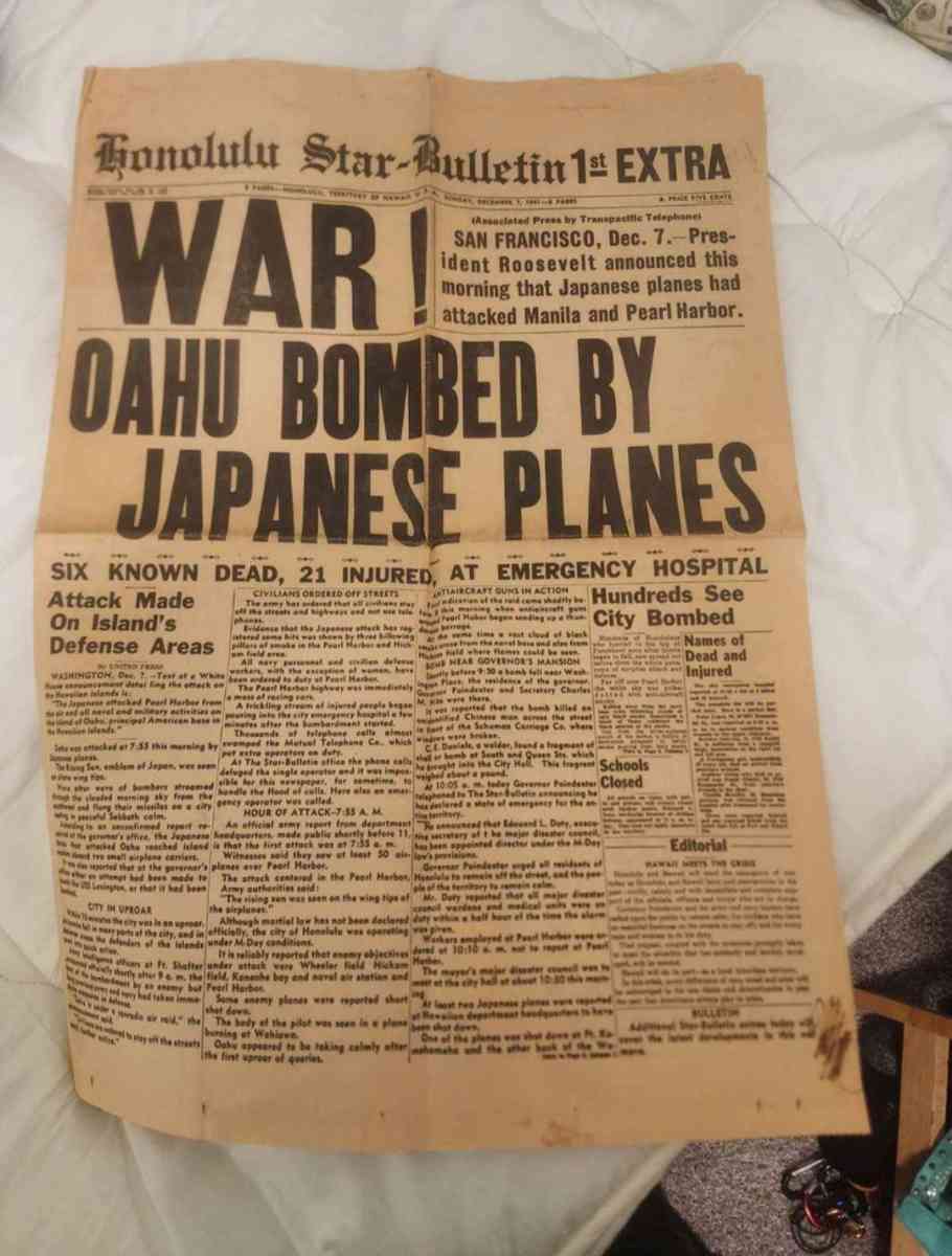 Hawaiian Newspaper printed hours after pearl harbor attack - Austin, Texas - FleaMarketBay