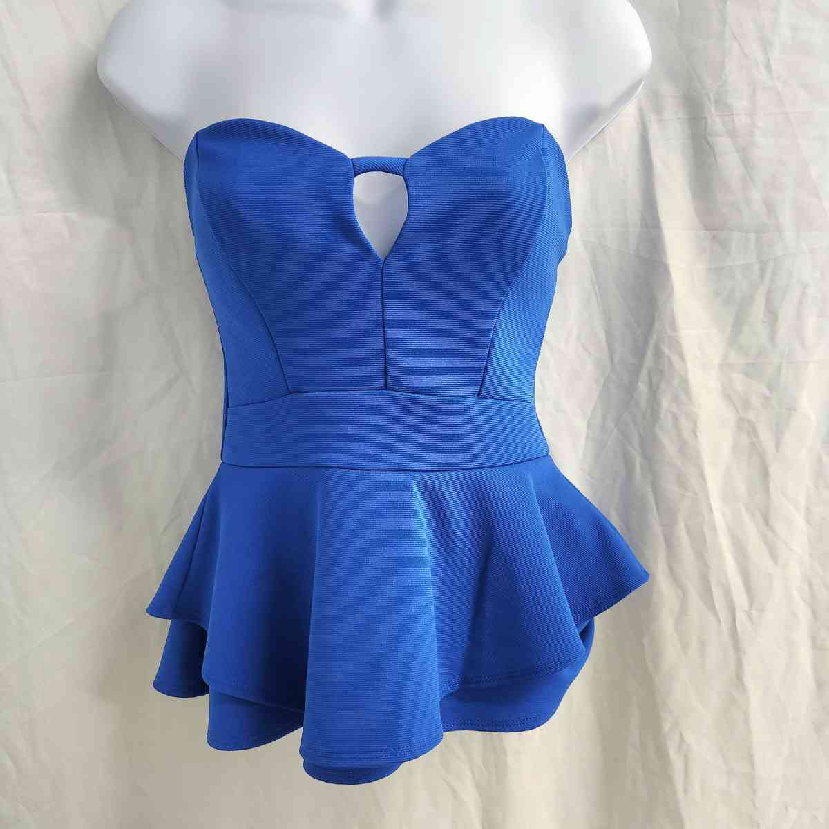 2b Bebe Electric Blue Stretch Flared Peplum Strapless Top - Kenner, Louisiana - FleaMarketBay