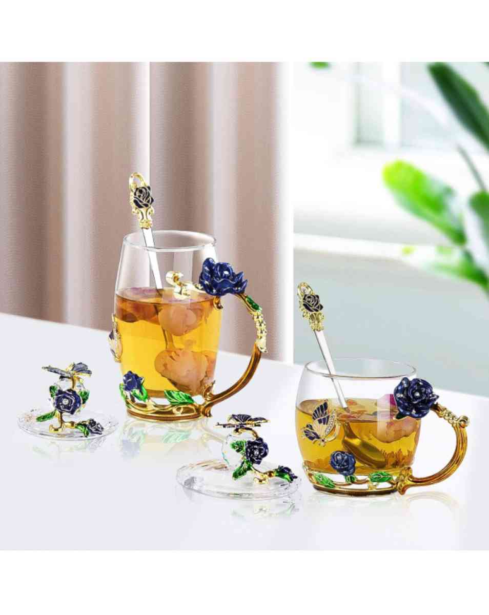 glass tea cup with lids 2pack blue rose butterfly set - Grand Terrace, California - FleaMarketBay