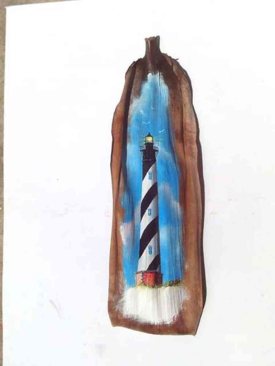 Cape Hatteras Lighthouse hand painted on palm frond - Fort Pierce, Florida - FleaMarketBay