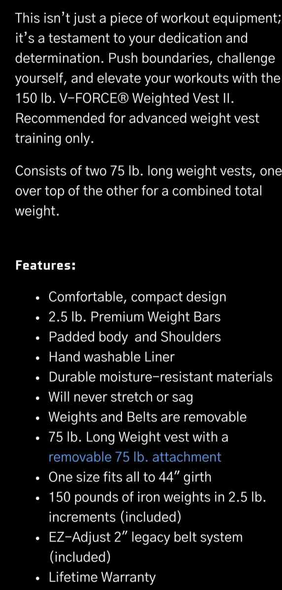 V Force 150 Pounds long weight training vest - Lakewood, Washington - FleaMarketBay