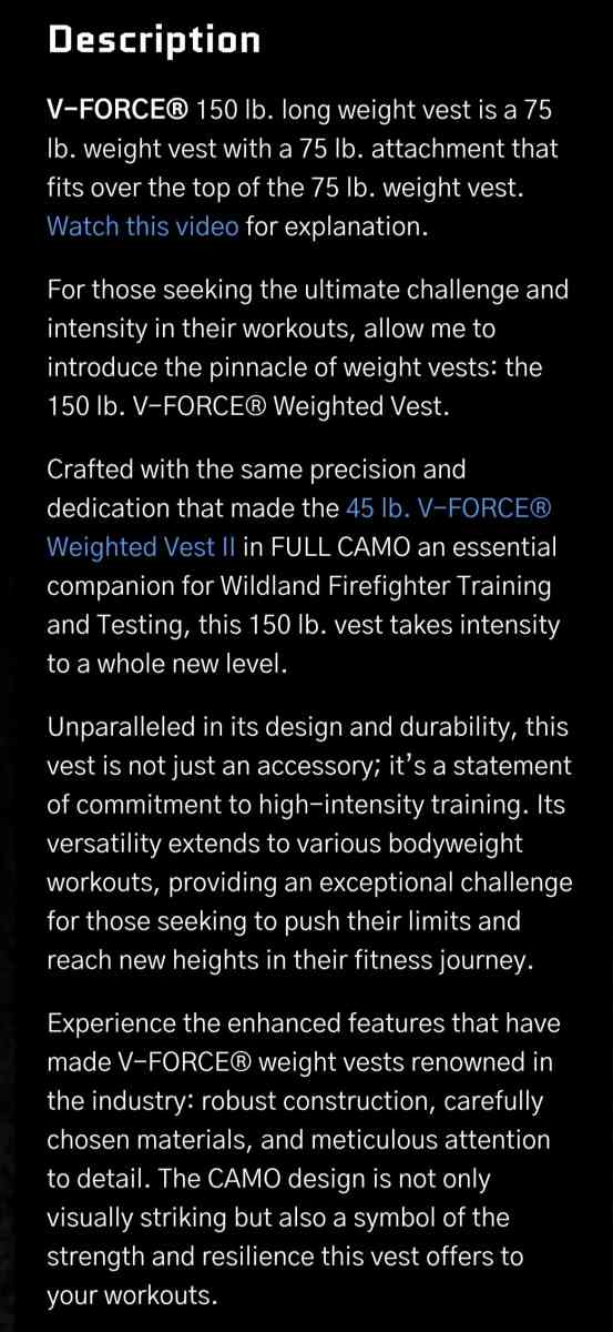 V Force 150 Pounds long weight training vest - Lakewood, Washington - FleaMarketBay