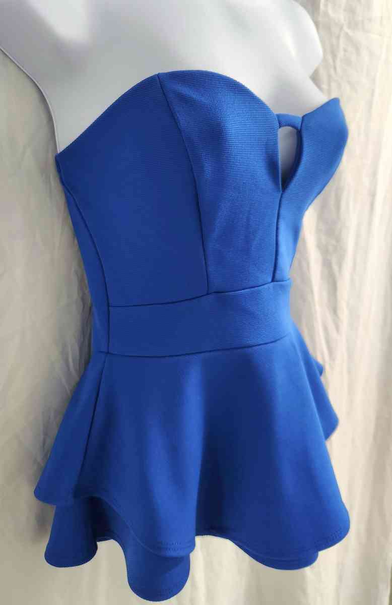 2b Bebe Electric Blue Stretch Flared Peplum Strapless Top - Kenner, Louisiana - FleaMarketBay