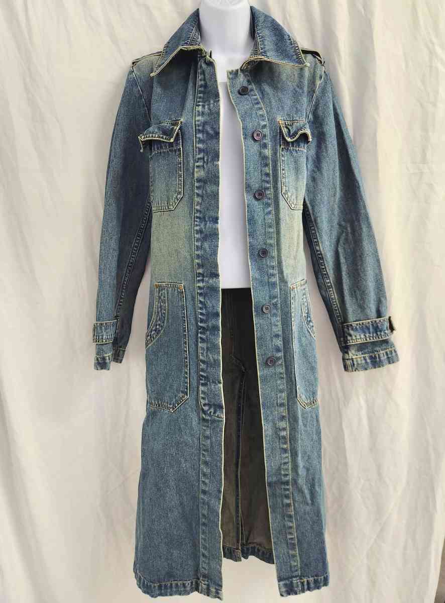Vintage CoffeeShop Distressed Denim Mid Length Trench Coat