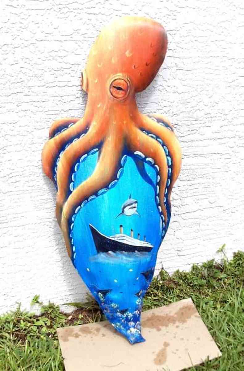 Octopus shark over the Titanic hand painted palm frond - Fort Pierce, Florida - FleaMarketBay