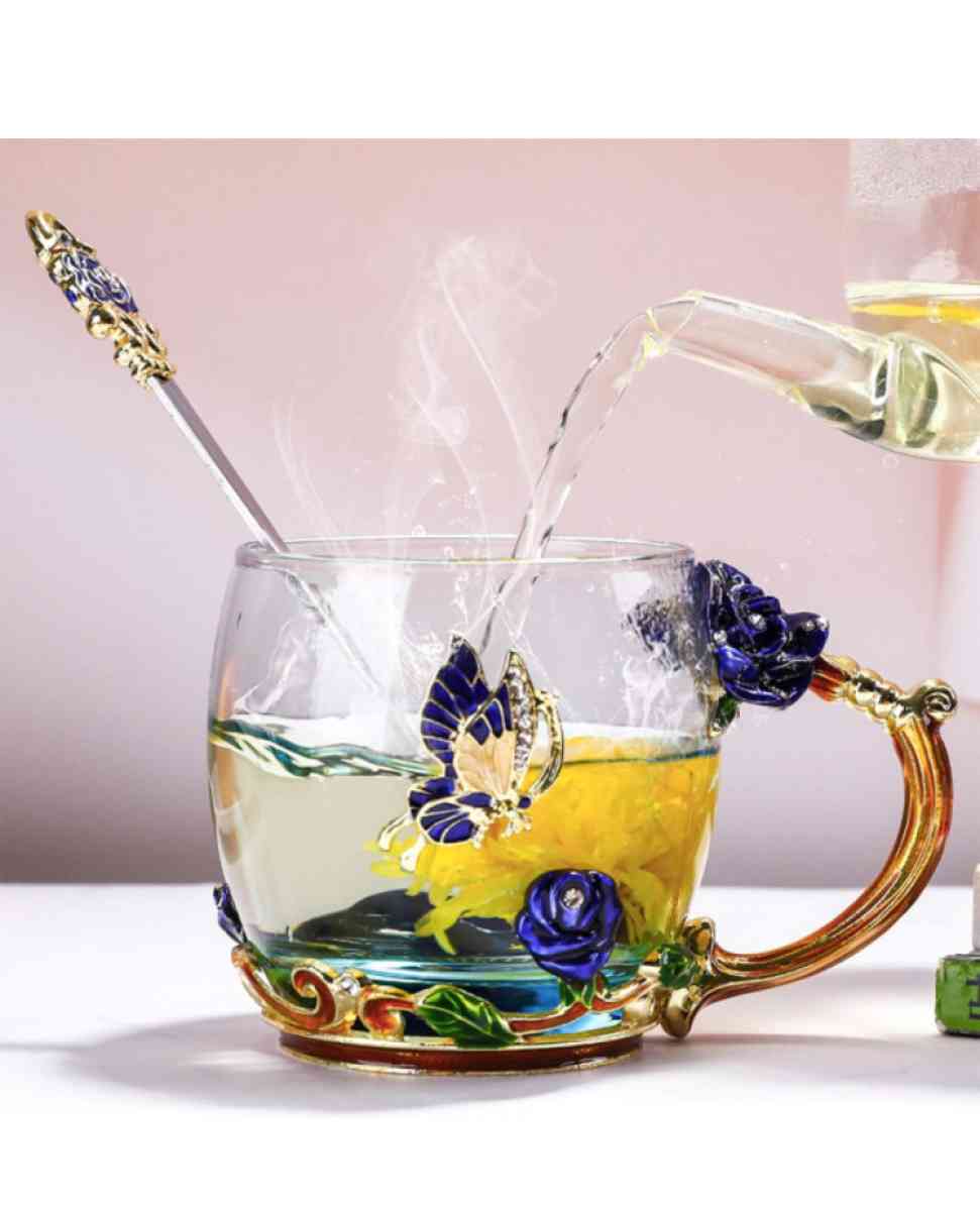 glass tea cup with lids 2pack blue rose butterfly set - Grand Terrace, California - FleaMarketBay