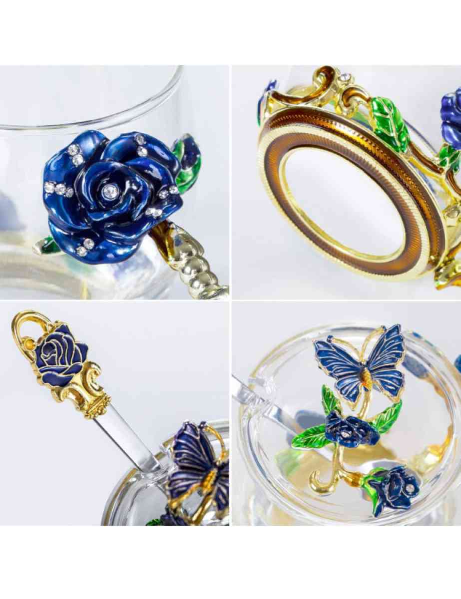 glass tea cup with lids 2pack blue rose butterfly set - Grand Terrace, California - FleaMarketBay