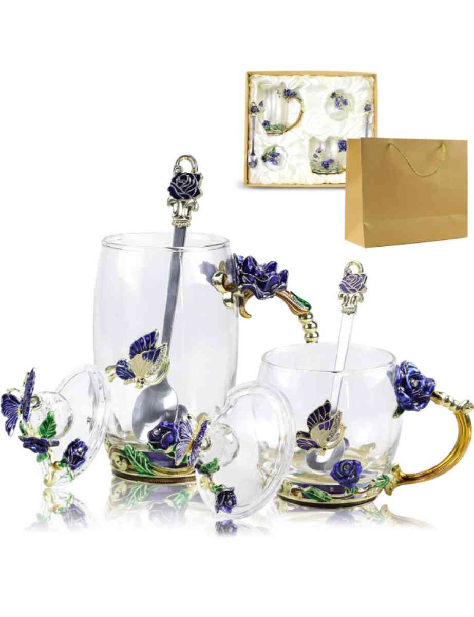 glass tea cup with lids 2pack blue rose butterfly set - Grand Terrace, California - FleaMarketBay