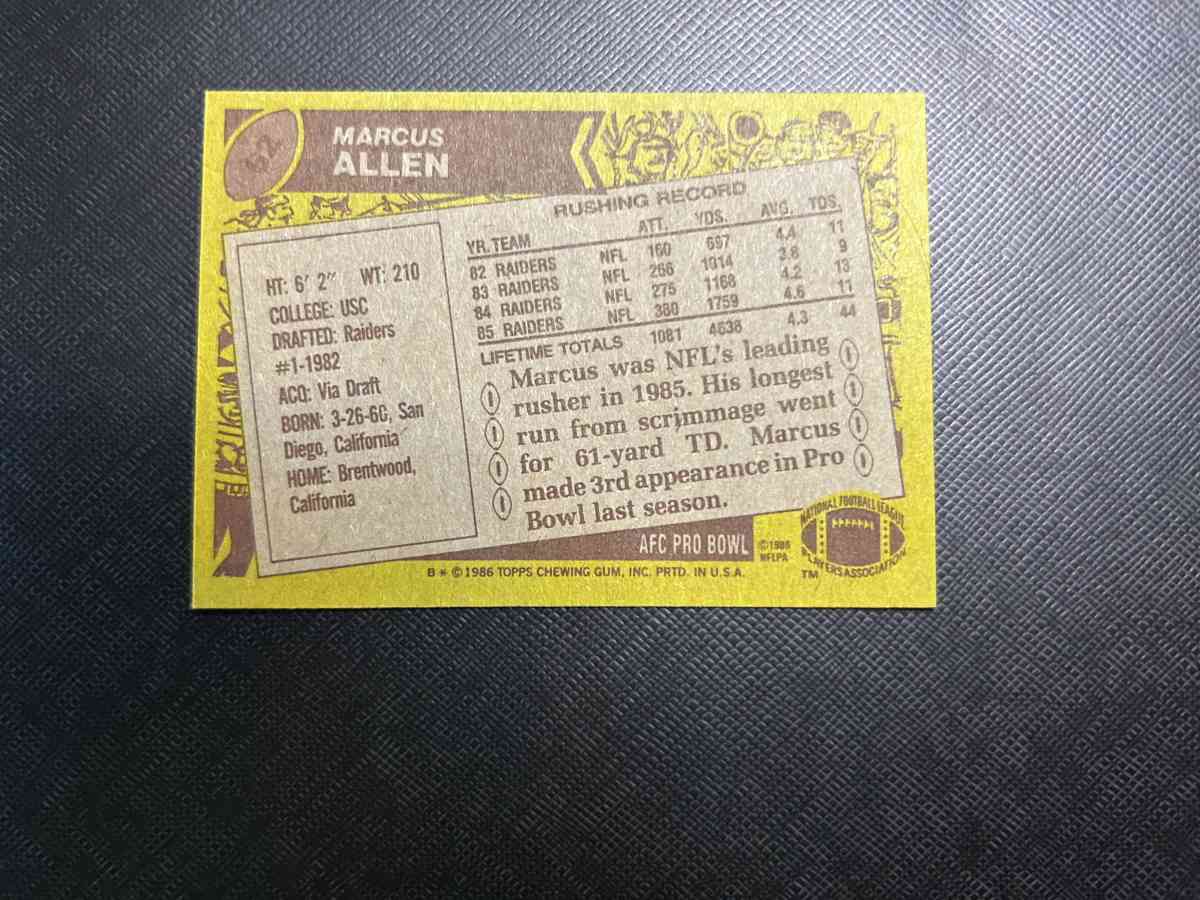 1986 Topps Marcus Allen Football Card - Howell, Michigan - FleaMarketBay