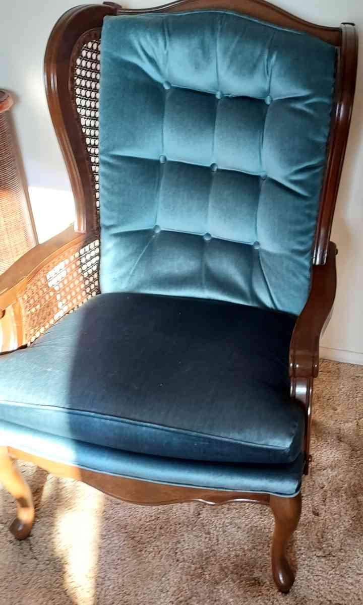Blue Cushion Chair with wood arms woven sides - Oil City, Pennsylvania - FleaMarketBay