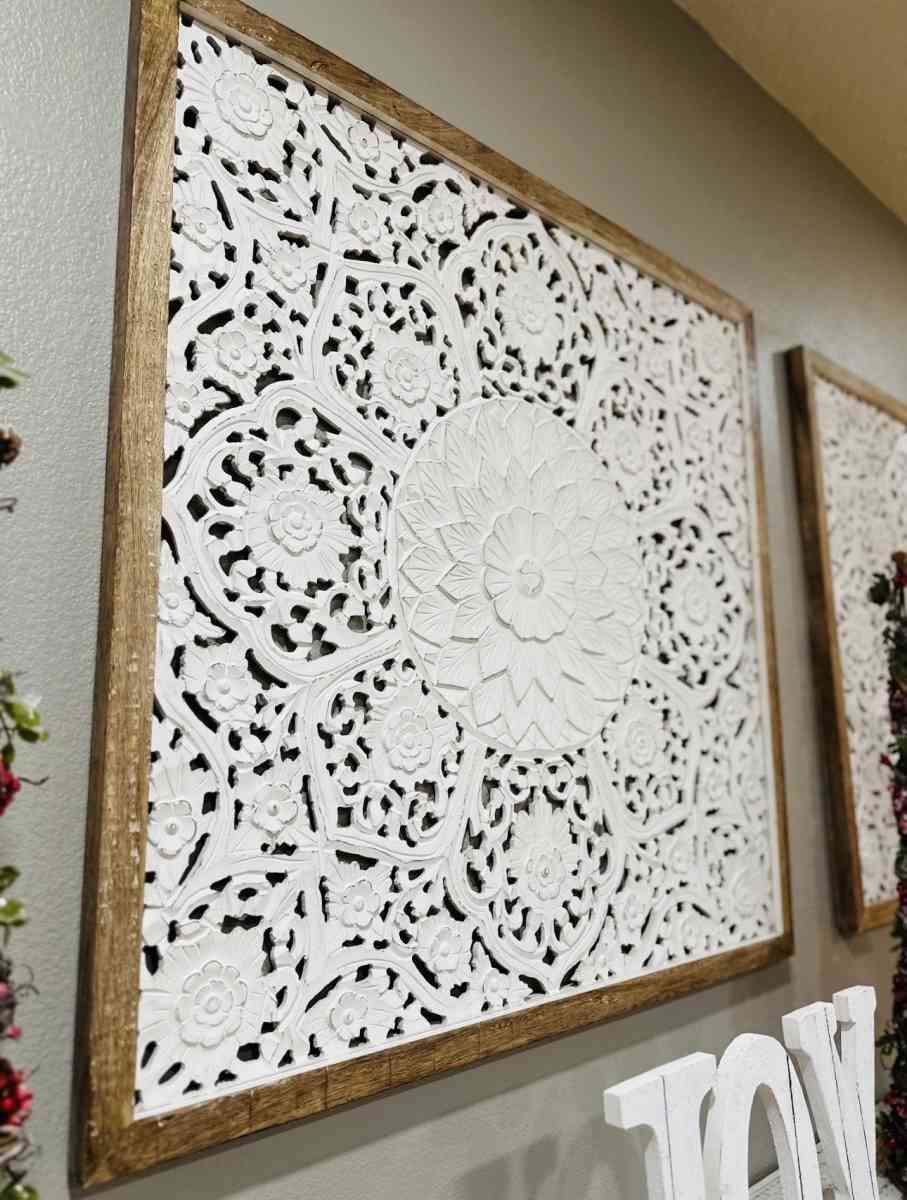 Large Square White Wood Floral Carved Scrolling Rustic - Portland, Oregon - FleaMarketBay