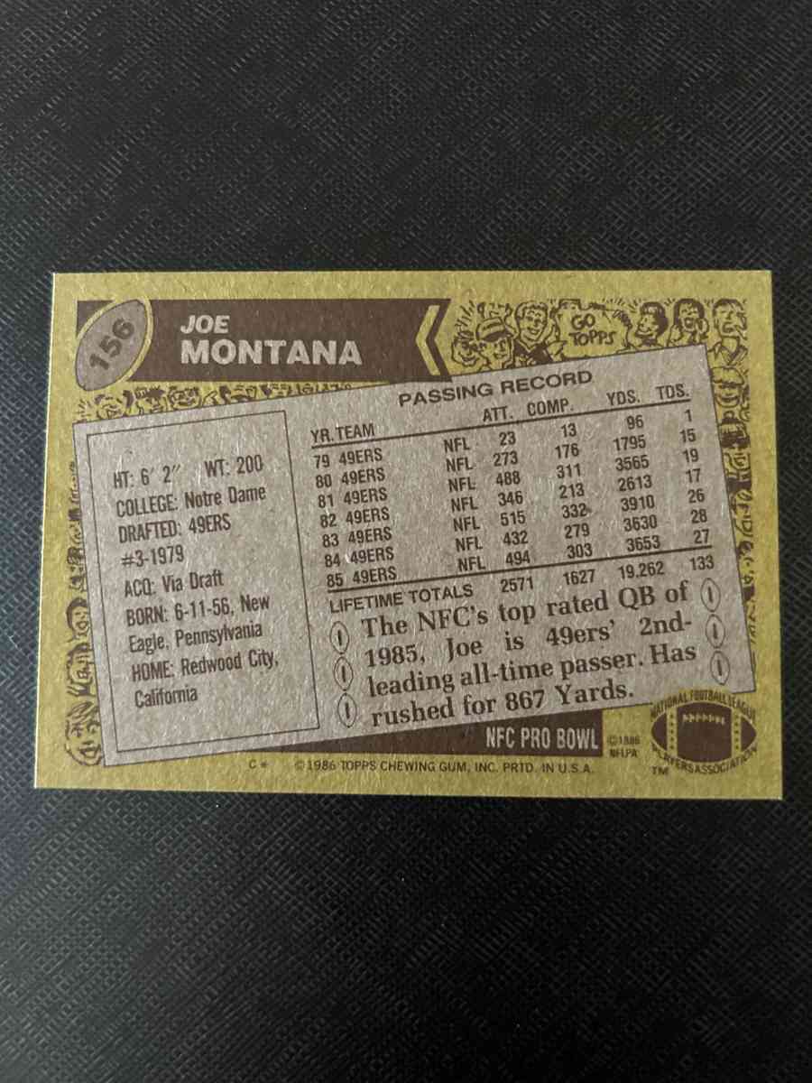 1986 Topps Joe Montana Football card - Howell, Michigan - FleaMarketBay