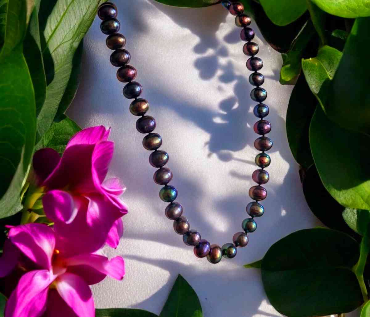 Black fresh water Pearls in 14 kt gold necklace