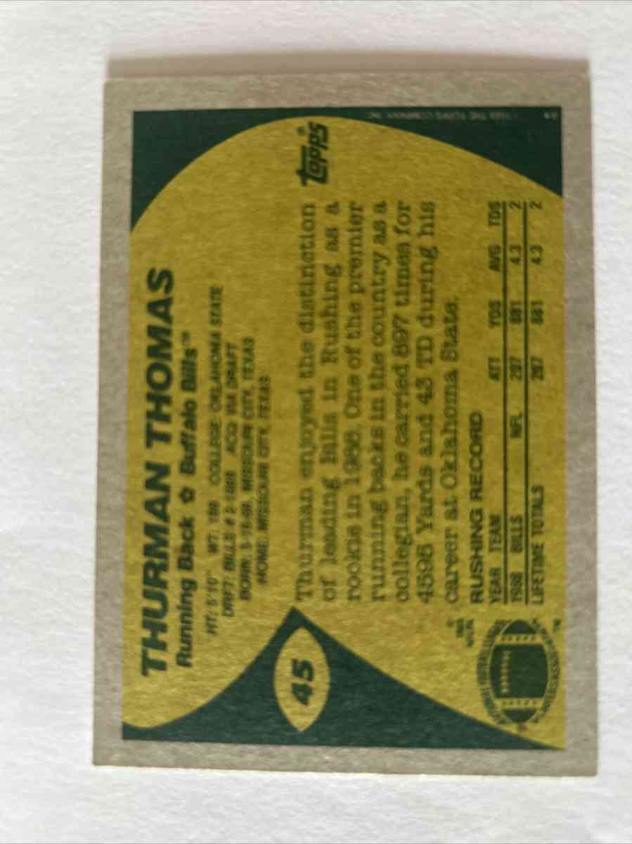 1989 Topps Thurman Thomas Rookie Football Card - Howell, Michigan - FleaMarketBay