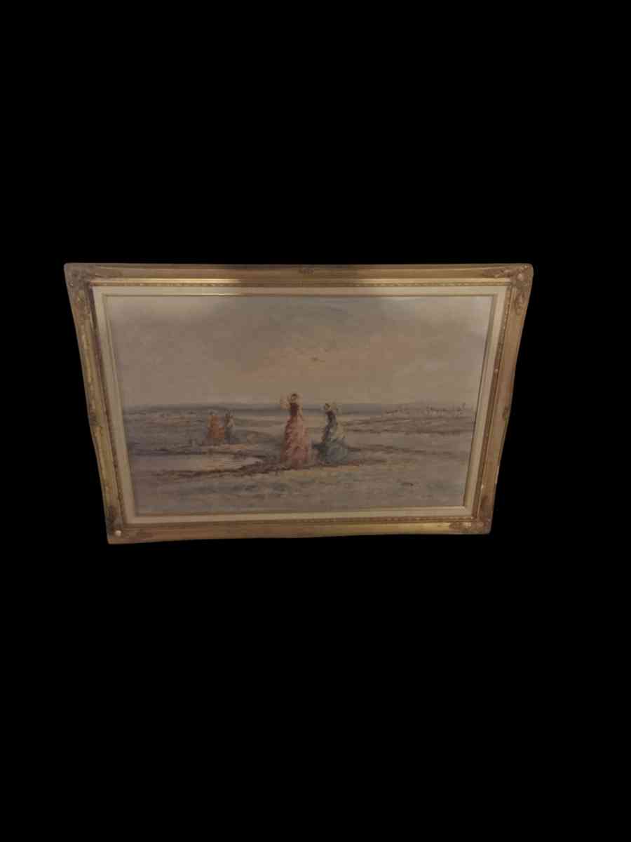 antique oil painting depicting two women looking at the sea - Saint Louis, Missouri - FleaMarketBay
