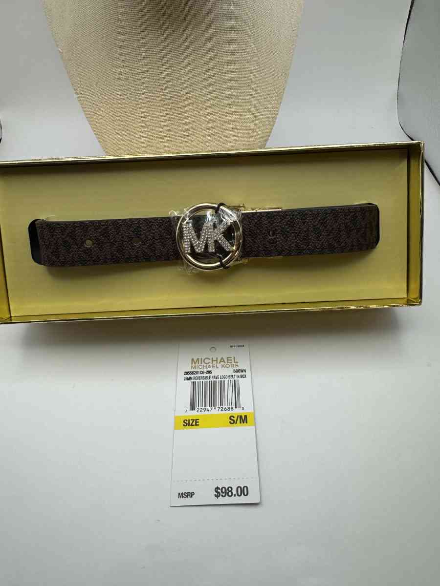 NWT Michael Kors Brown Signature Reversible Pave Logo Belt I