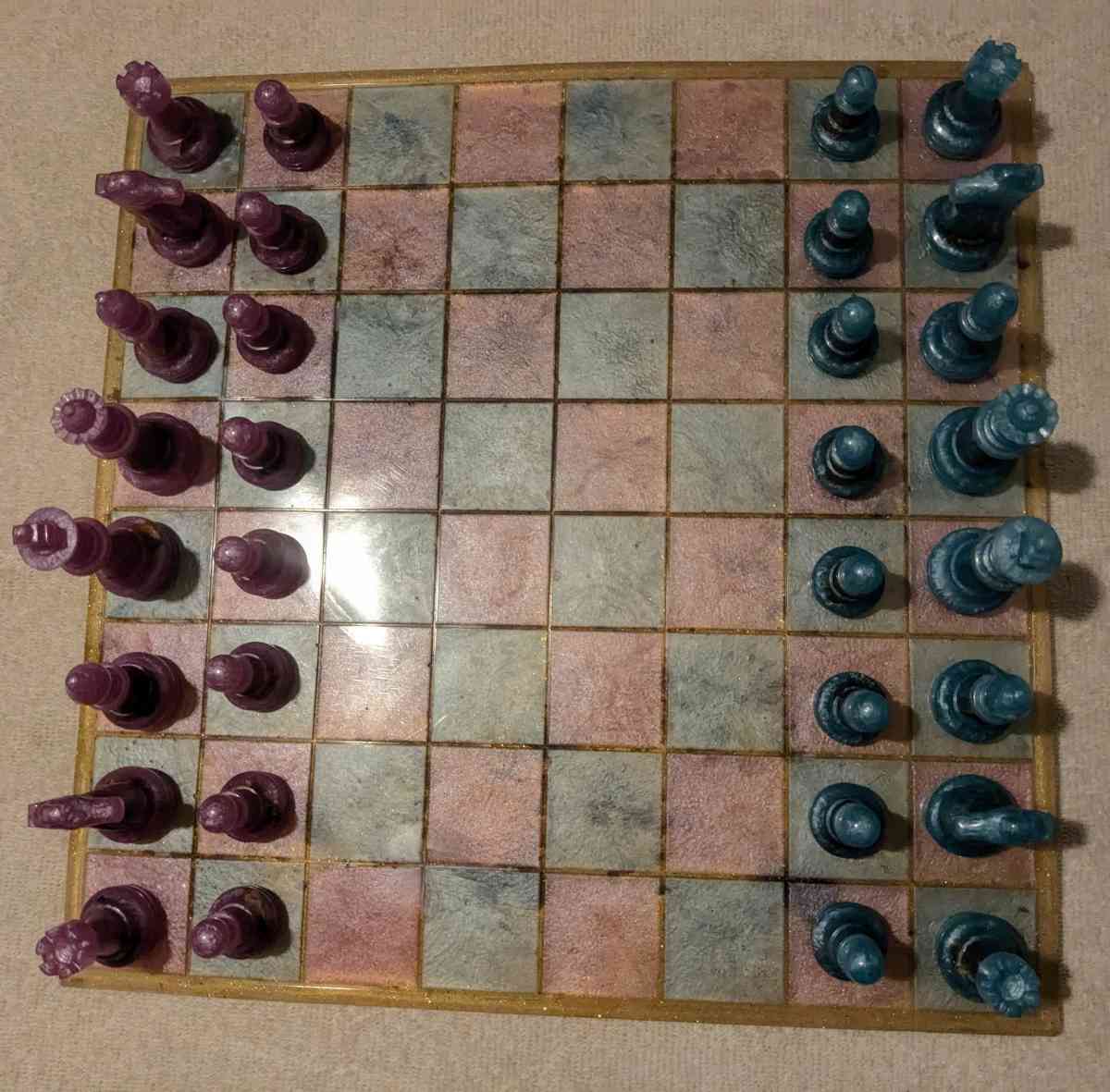 Pink and Blue Petrified Wood Chess Set - Calhan, Colorado - FleaMarketBay