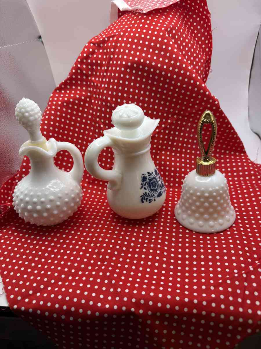1049Three Avon Milk Glass Containers Two Pitchers  Bell - Gallatin, Tennessee - FleaMarketBay