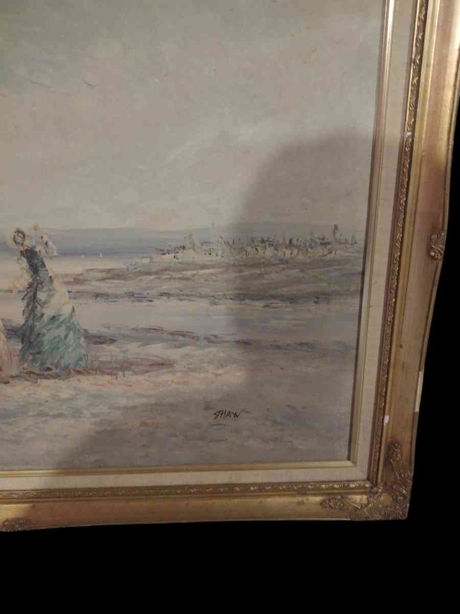 antique oil painting depicting two women looking at the sea - Saint Louis, Missouri - FleaMarketBay