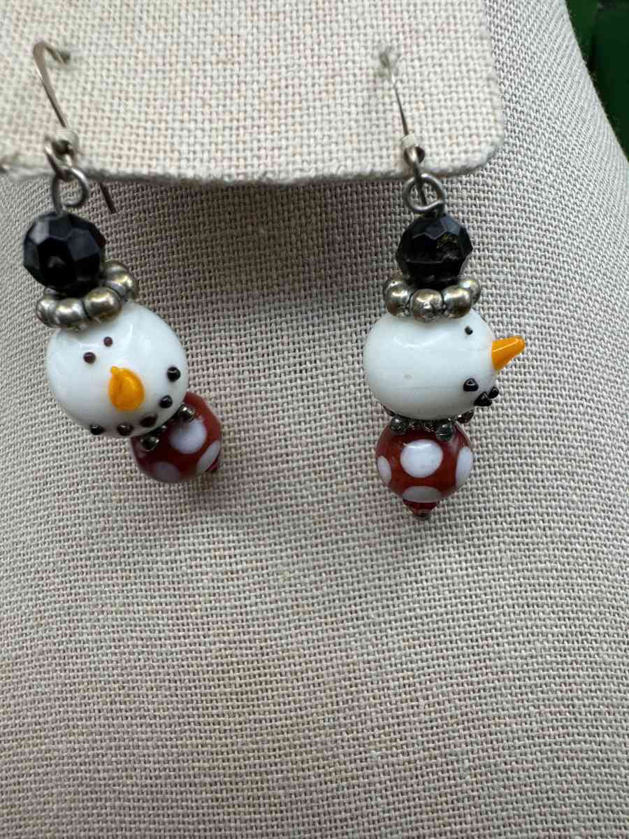 2040Vintage Art Glass Hand Blown Snowman Earrings Dangle Dro - Gallatin, Tennessee - FleaMarketBay