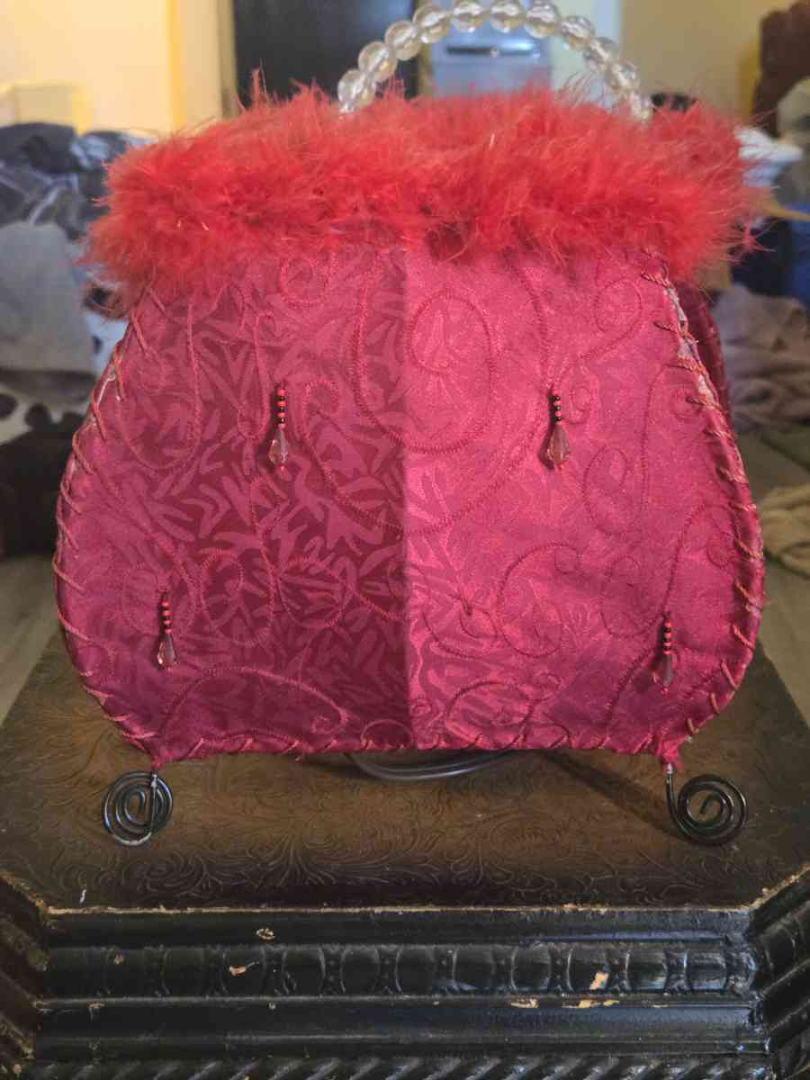 Red Feather Trim Acrylic Tassels Purse Shape with Beaded Han - Tavares, Florida