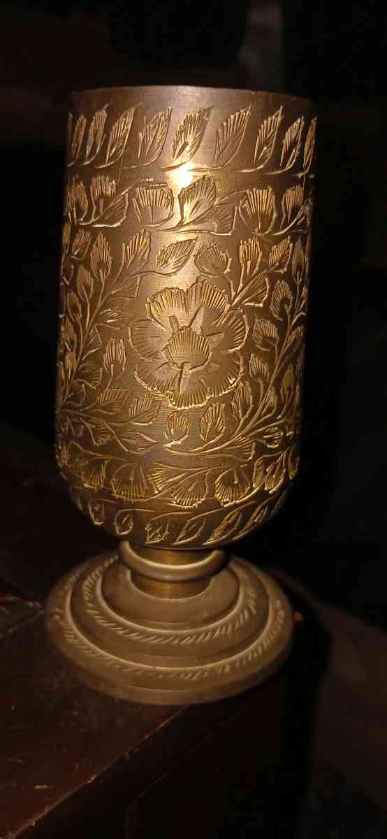 Vintage Floral Etched Brass Footed Vase Goblet Made in India - Acme, Louisiana - FleaMarketBay