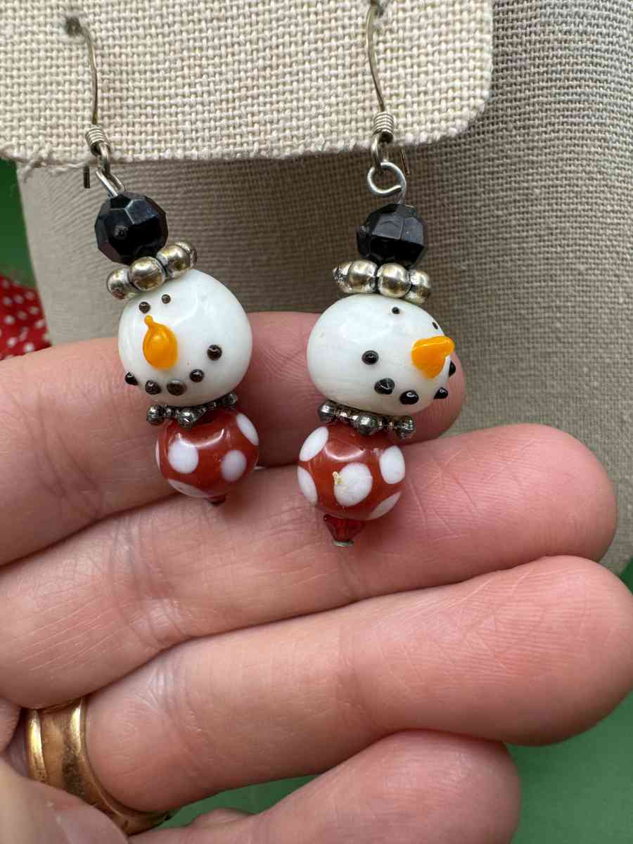 2040Vintage Art Glass Hand Blown Snowman Earrings Dangle Dro - Gallatin, Tennessee