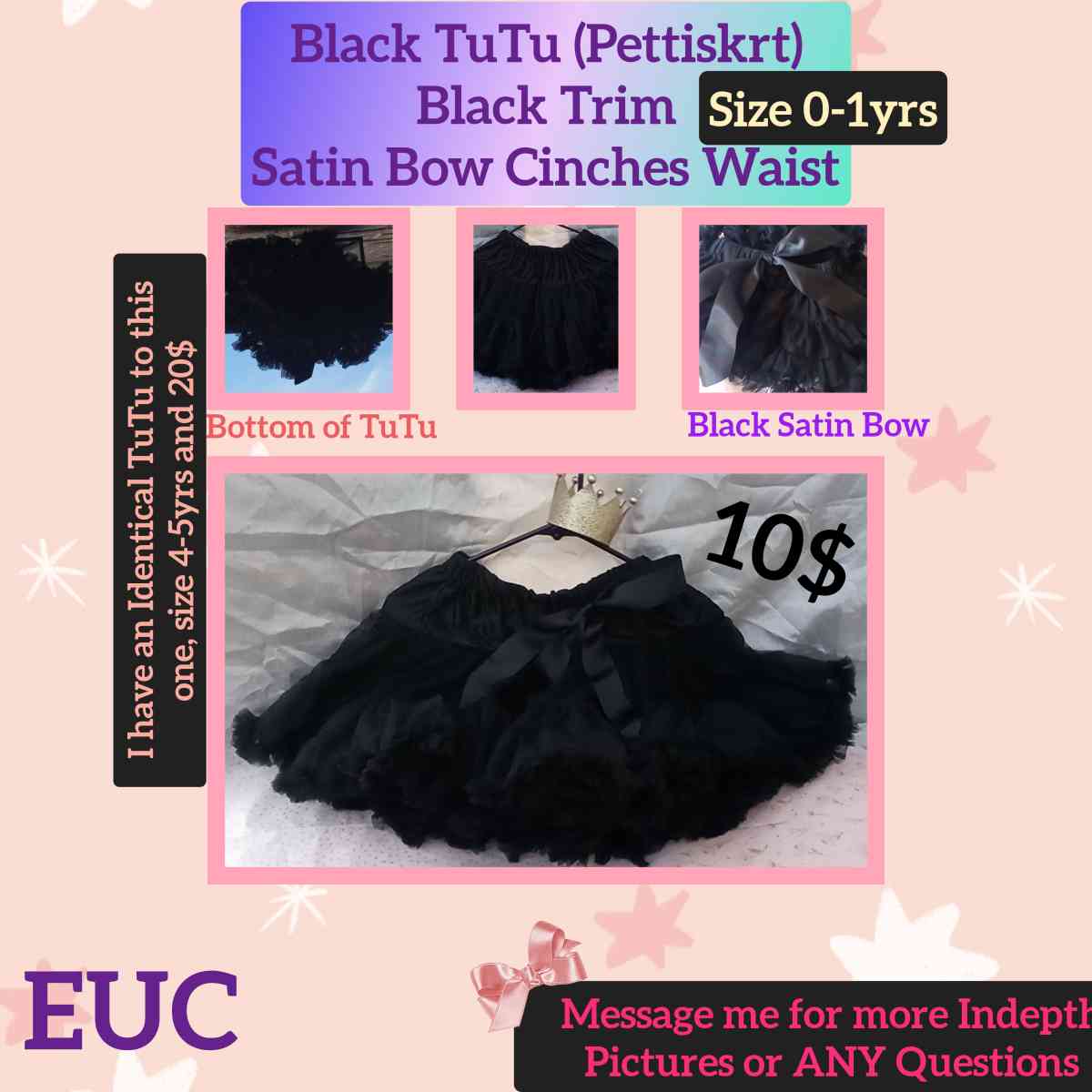 0 to 1yrs Black TuTu Pettiskrt EUC Bow Cinches Waist