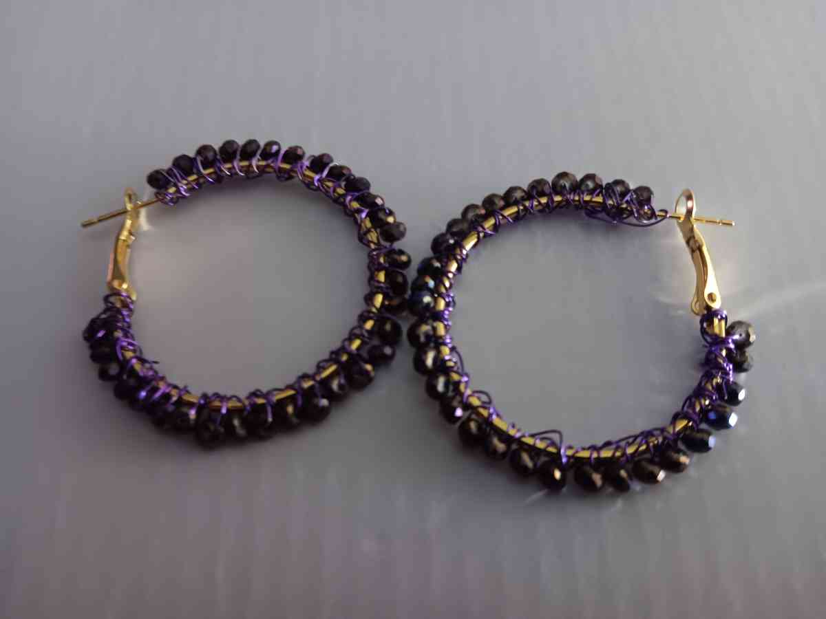 18 K Gold Earrings Wrapped with Purple  Beads - Canton, Mississippi - FleaMarketBay