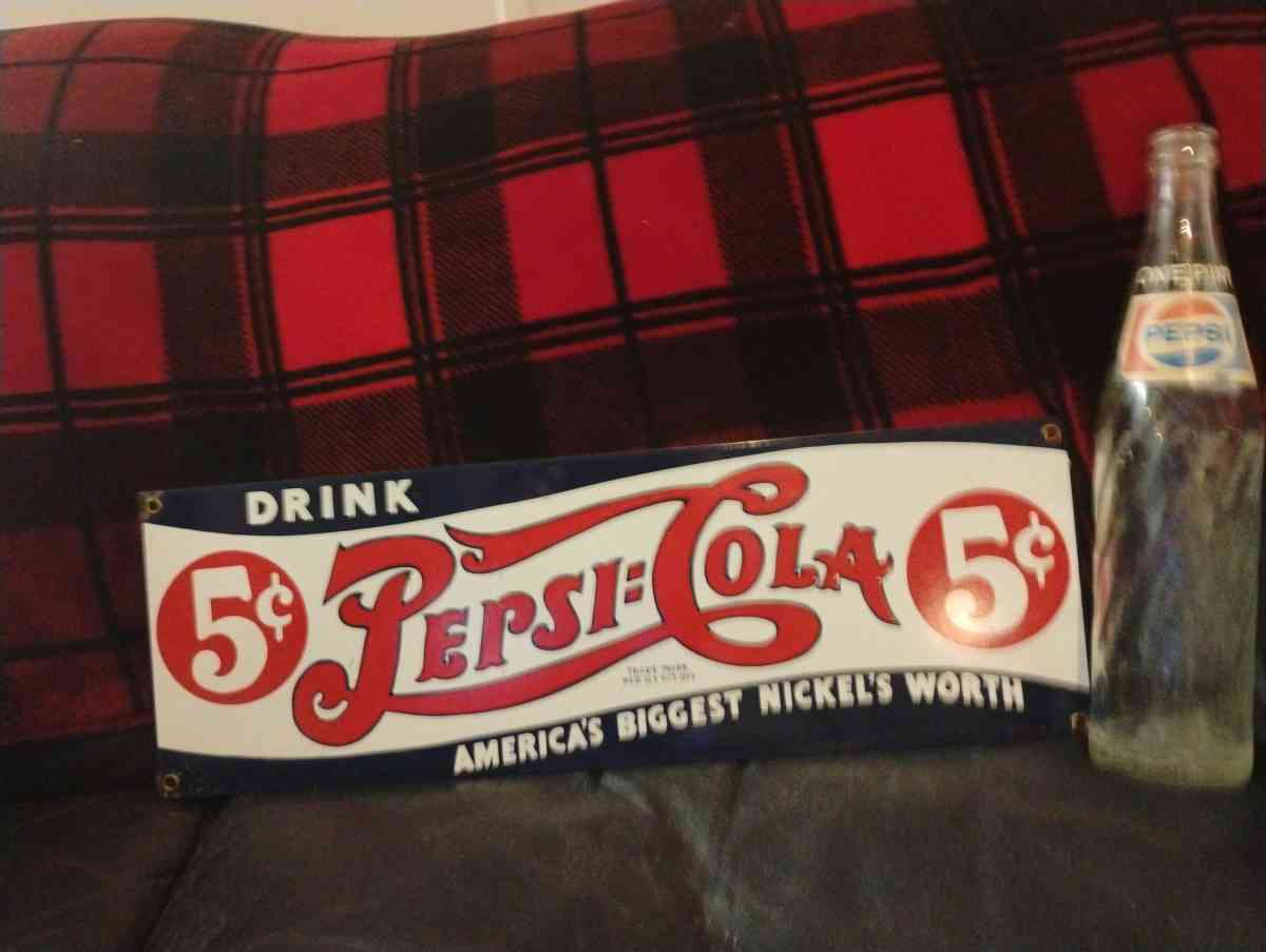 Vintage metal Pepsi sign and 16oz bottle - Wetumpka, Alabama - FleaMarketBay