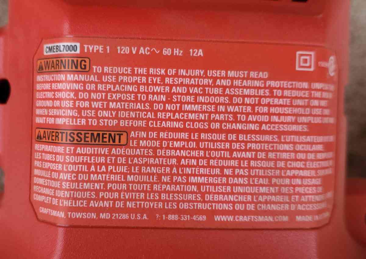 Craftsman  Corded Electric Leaf Blower  Vaccum w Bag  Model - Plano, Texas - FleaMarketBay