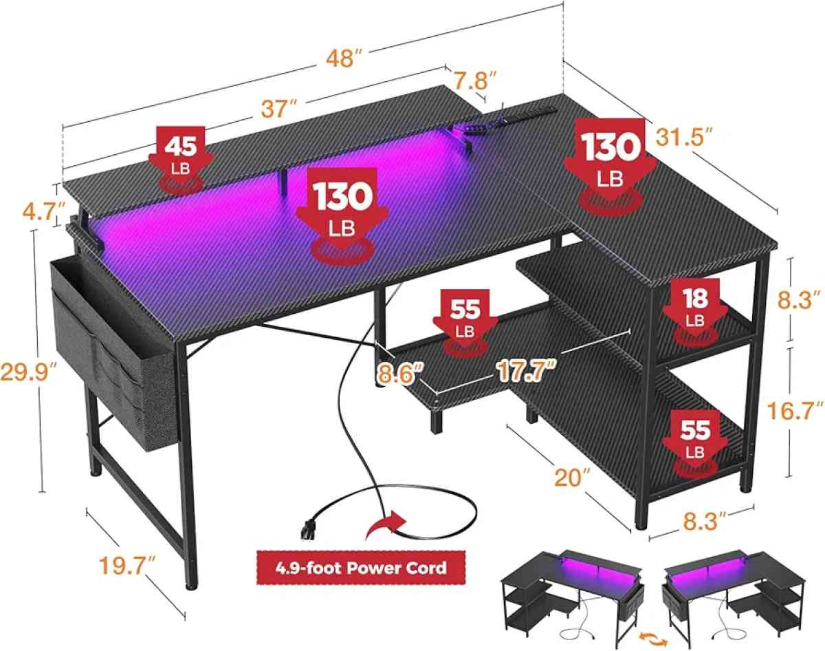 ODK Gaming Desk with Led Lights and Charging Station - Las Vegas, Nevada - FleaMarketBay