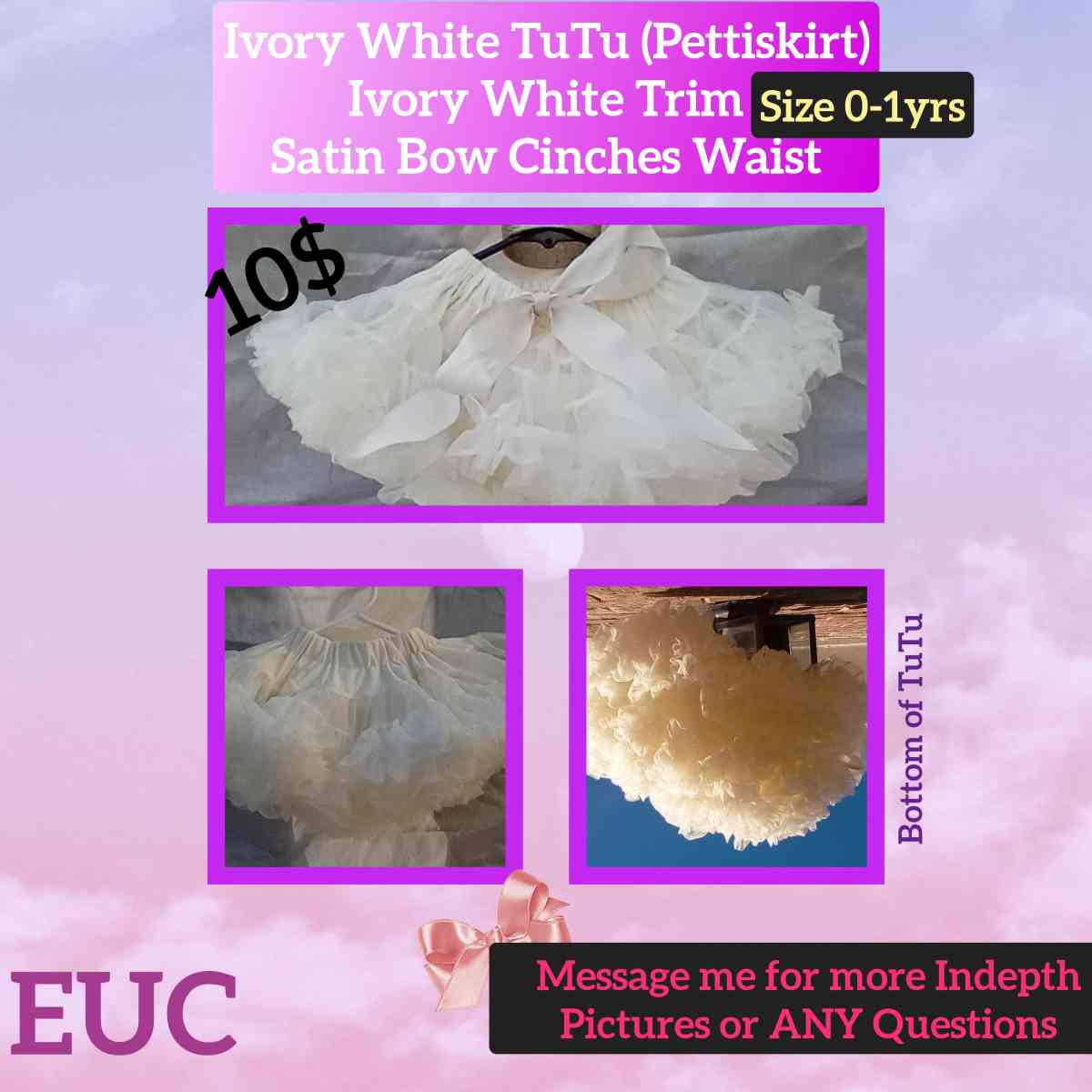 0 to 1yrs Ivory TuTu Pettiskirt EUC Bow Cinches Waist