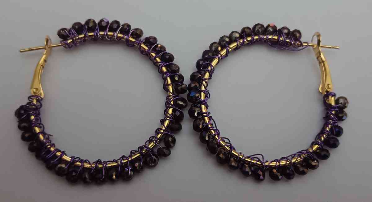 18 K Gold Earrings Wrapped with Purple  Beads - Canton, Mississippi - FleaMarketBay