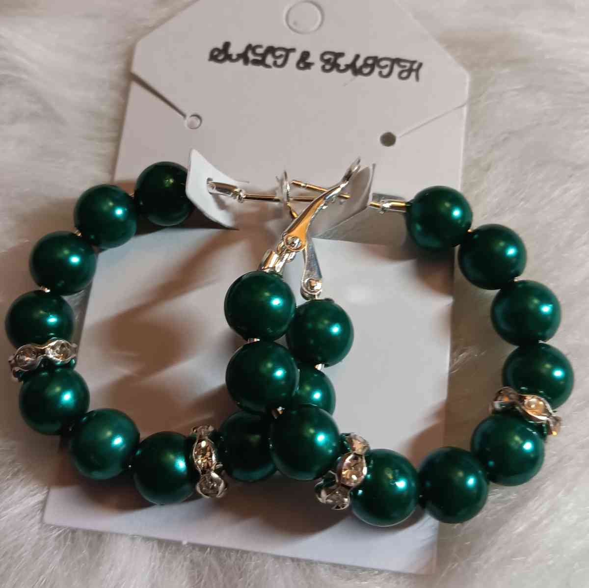 Silver and Green Beaded Hoop Earrings - Canton, Mississippi - FleaMarketBay